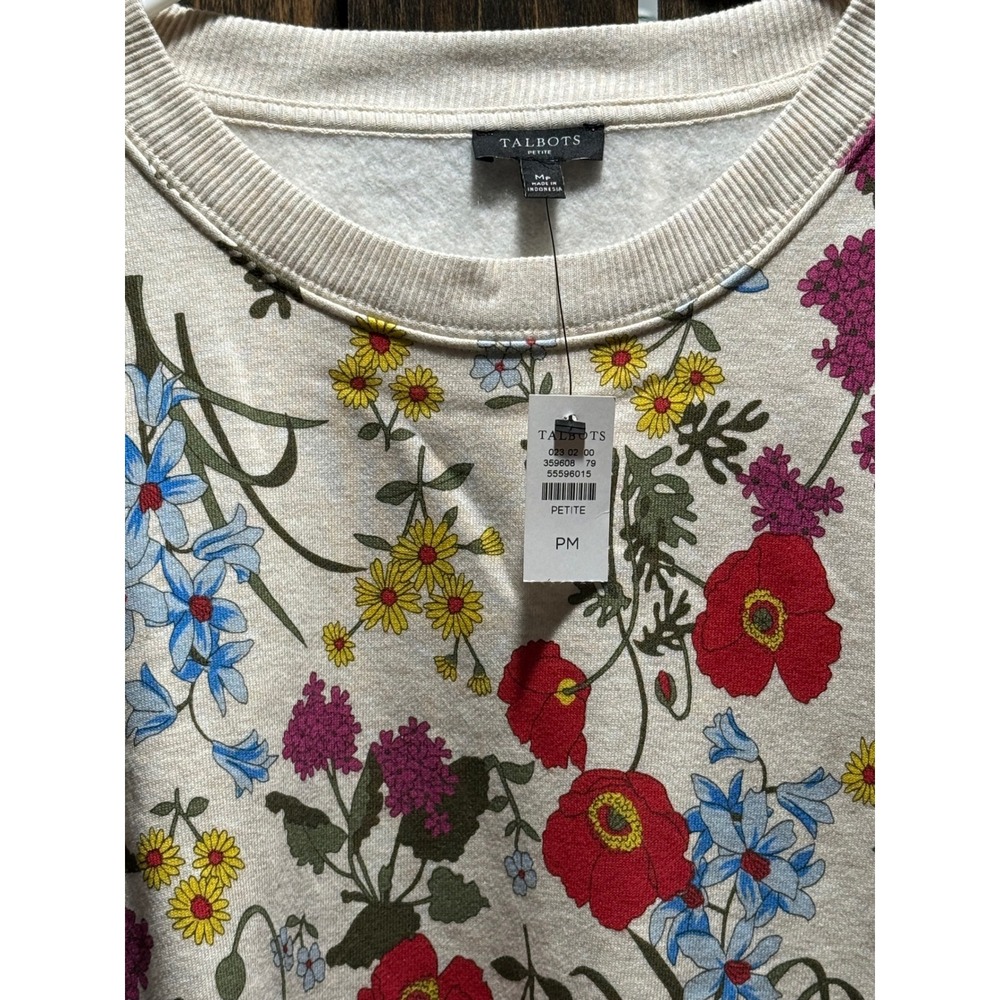 Talbots Petite Floral Sweatshirt Cream Red Blue Botanical Pullover PM New - Picture 3 of 6